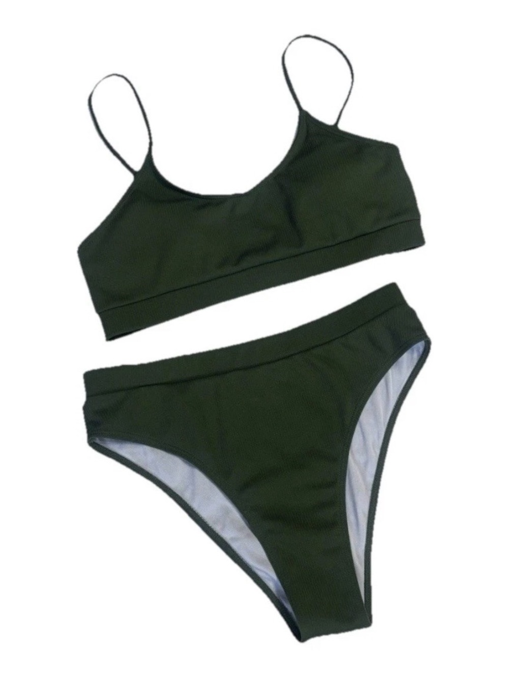 Green Ribbed High-Waisted Bikini Set | Adjustable Straps | Size XL